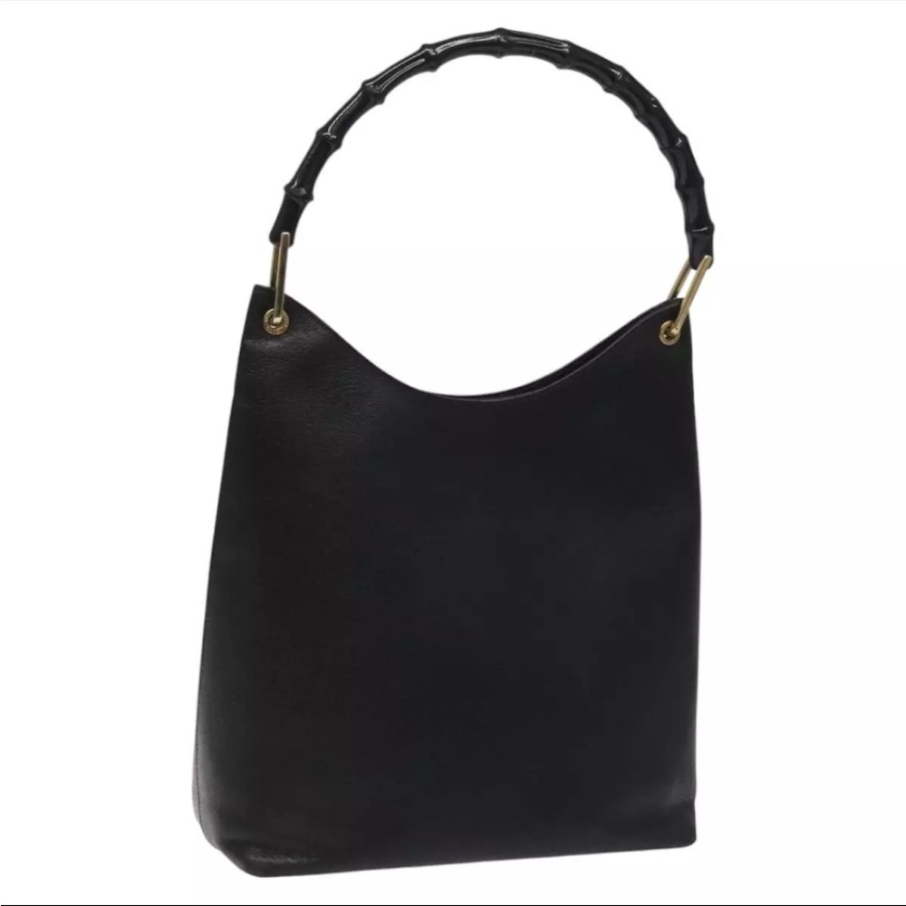 Gucci Thalassa Bamboo Handle Black Leather Bag with Gold Accents
